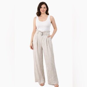 Reset By Jane Pant Paperbag Waist Wide Leg Beige Large 100% Flax